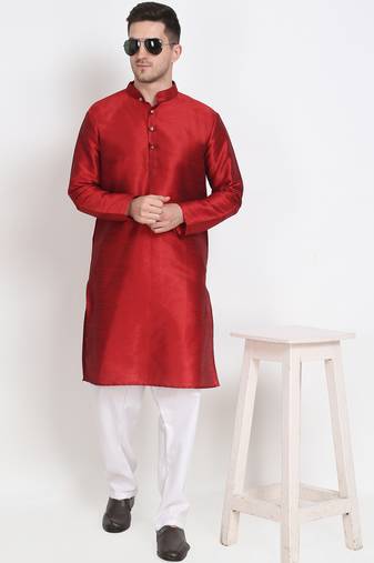 Men's raw silk maroon kurta with cotton pant set