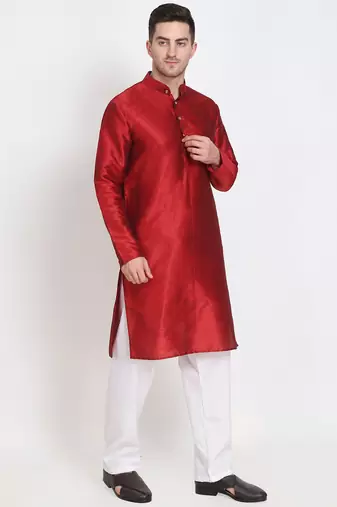 Men's raw silk maroon kurta with cotton pant set