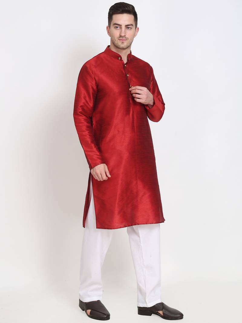 Men's raw silk maroon kurta with cotton pant set