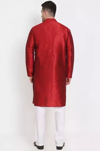 Men's raw silk maroon kurta with cotton pant set