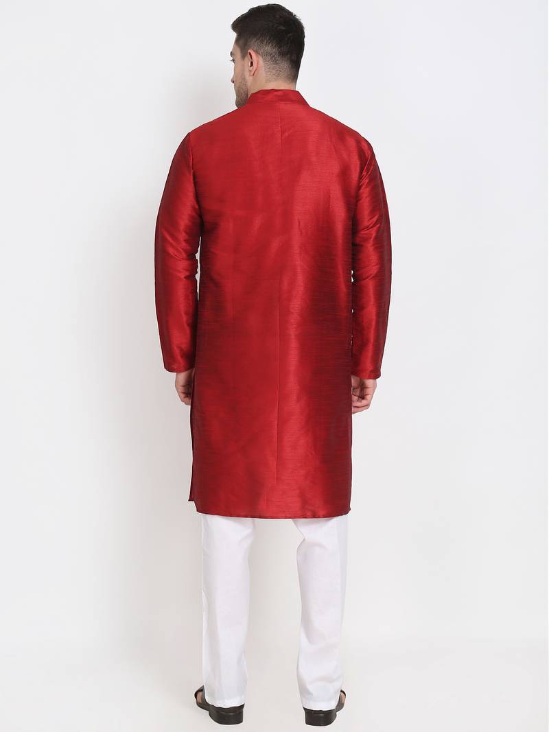Men's raw silk maroon kurta with cotton pant set