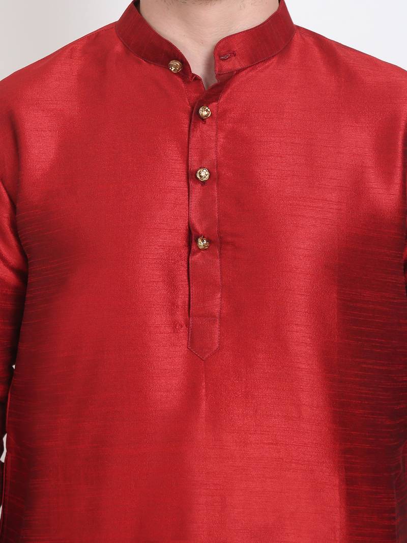 Men's raw silk maroon kurta with cotton pant set