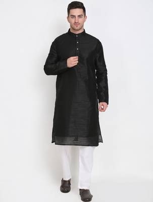 Men's raw silk black kurta with cotton pant set 1