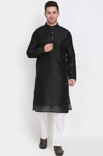 Men's raw silk black kurta with cotton pant set