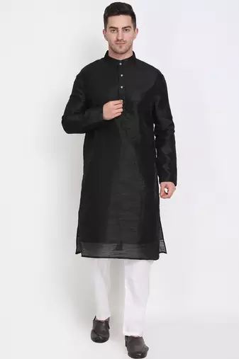 Men's raw silk black kurta with cotton pant set