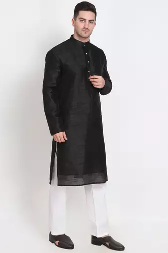 Men's raw silk black kurta with cotton pant set
