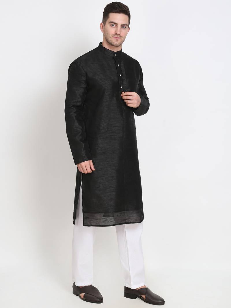 Men's raw silk black kurta with cotton pant set