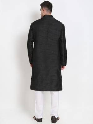 Men's raw silk black kurta with cotton pant set 3