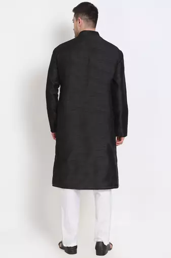 Men's raw silk black kurta with cotton pant set
