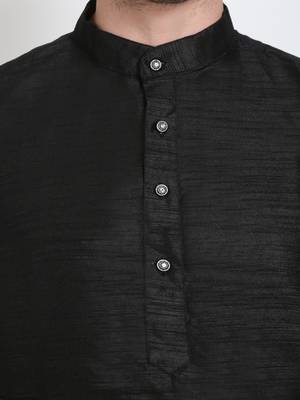 Men's raw silk black kurta with cotton pant set 4