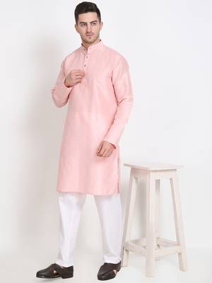 Men's raw silk pink kurta with cotton pant set 1