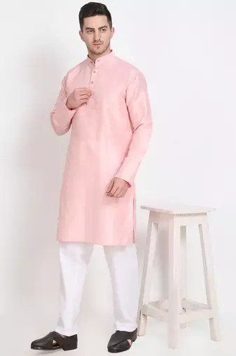Men's raw silk pink kurta with cotton pant set
