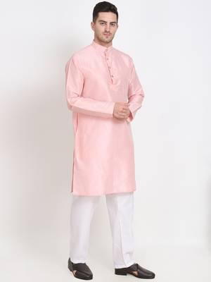Men's raw silk pink kurta with cotton pant set 2