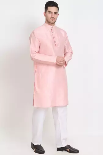 Men's raw silk pink kurta with cotton pant set