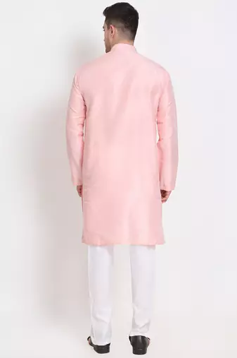 Men's raw silk pink kurta with cotton pant set