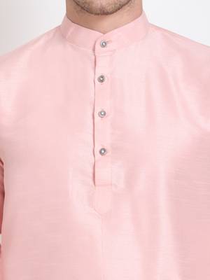 Men's raw silk pink kurta with cotton pant set 4