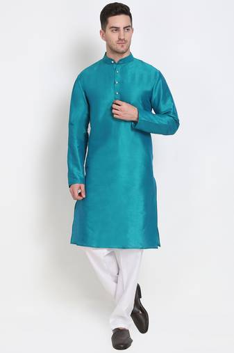Men's raw silk teal blue kurta with cotton pant set