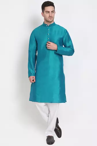 Men's raw silk teal blue kurta with cotton pant set