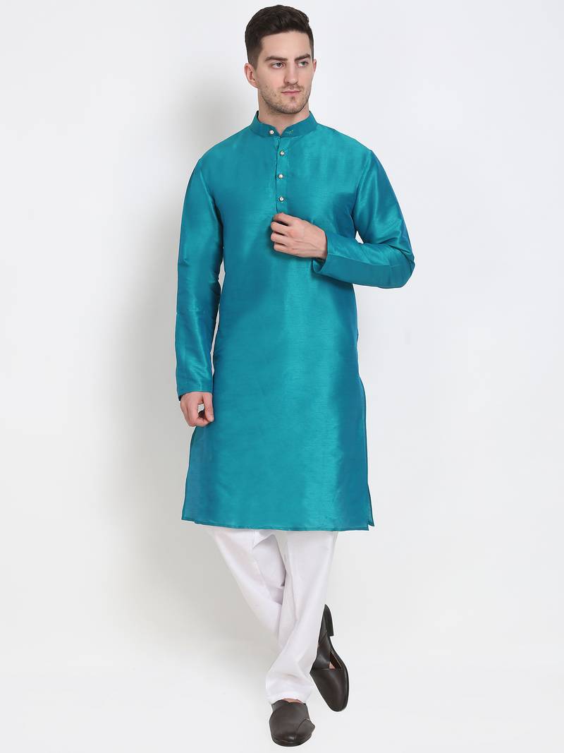 Men's raw silk teal blue kurta with cotton pant set