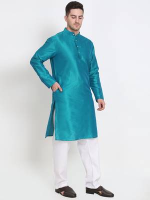 Men's raw silk teal blue kurta with cotton pant set 2