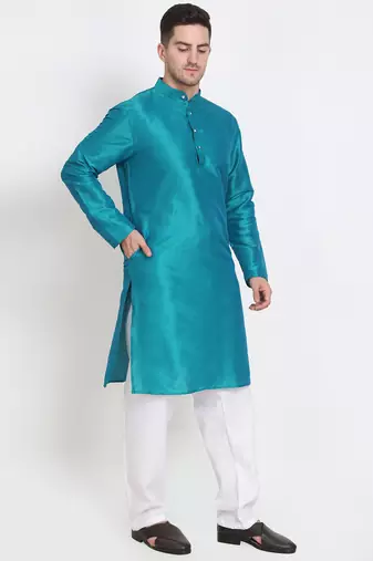 Men's raw silk teal blue kurta with cotton pant set