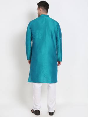 Men's raw silk teal blue kurta with cotton pant set 3