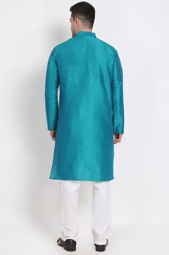 Men's raw silk teal blue kurta with cotton pant set