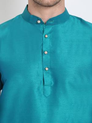 Men's raw silk teal blue kurta with cotton pant set 4