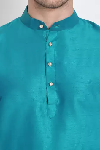 Men's raw silk teal blue kurta with cotton pant set
