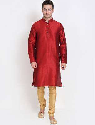 Men's raw silk maroon kurta with gold churidar set 1
