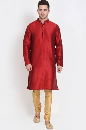 Men's raw silk maroon kurta with gold churidar set