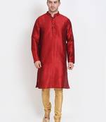 Men's raw silk maroon kurta with gold churidar set