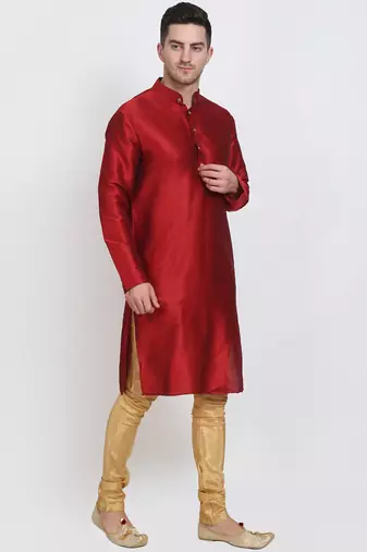 Men's raw silk maroon kurta with gold churidar set