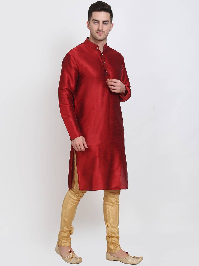 Men's raw silk maroon kurta with gold churidar set