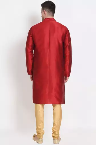 Men's raw silk maroon kurta with gold churidar set