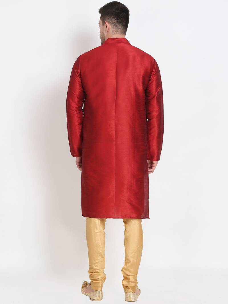Men's raw silk maroon kurta with gold churidar set