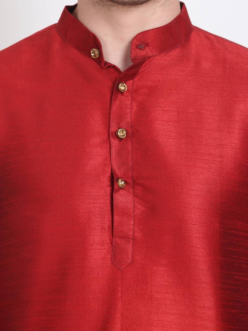 Men's raw silk maroon kurta with gold churidar set