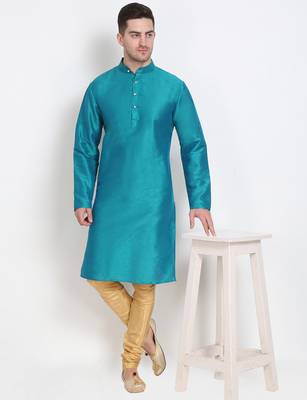 Men's raw silk teal blue kurta with gold churidar set 1