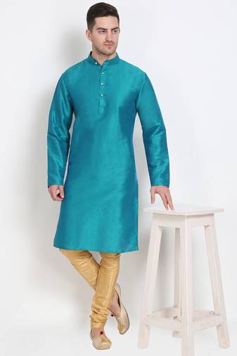 Men's raw silk teal blue kurta with gold churidar set