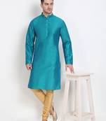 Men's raw silk teal blue kurta with gold churidar set