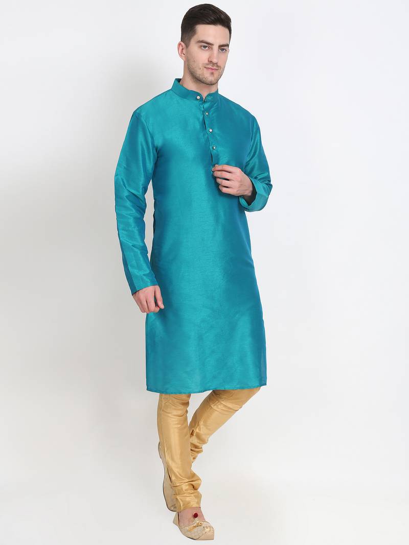 Men's raw silk teal blue kurta with gold churidar set