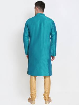 Men's raw silk teal blue kurta with gold churidar set 3