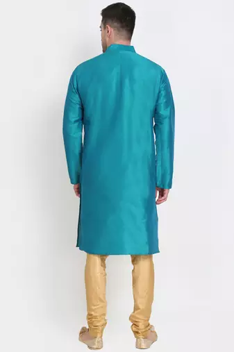 Men's raw silk teal blue kurta with gold churidar set