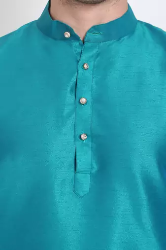 Men's raw silk teal blue kurta with gold churidar set