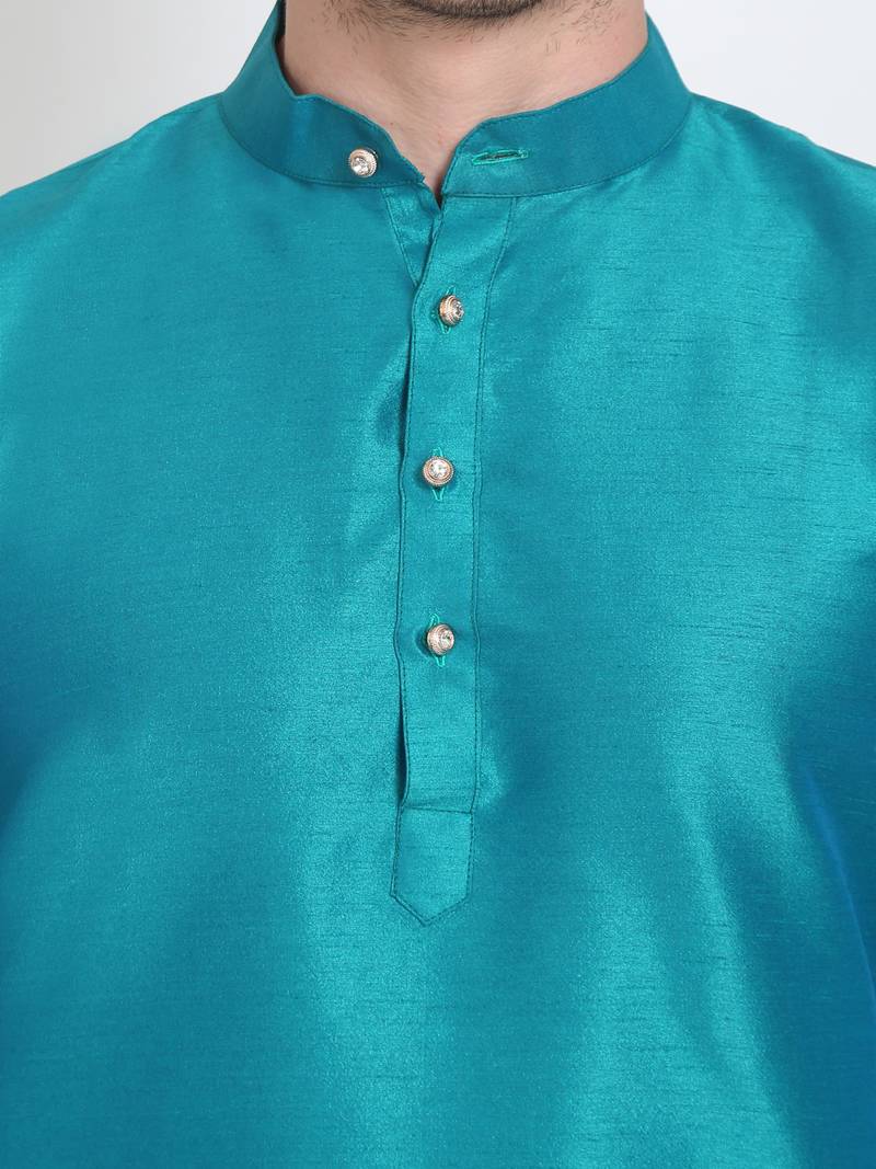 Men's raw silk teal blue kurta with gold churidar set