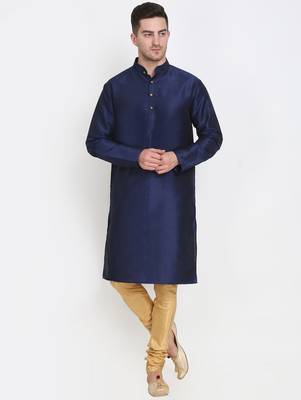 Men's raw silk navy blue kurta with gold churidar set 1