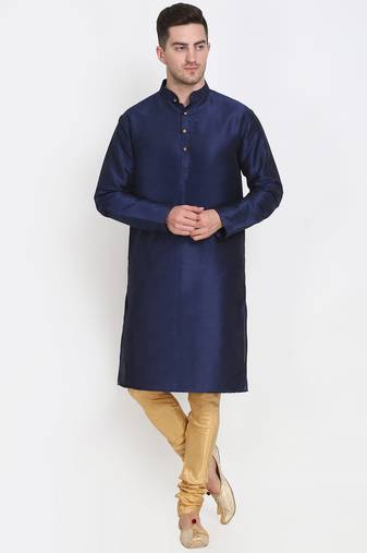 Men's raw silk navy blue kurta with gold churidar set