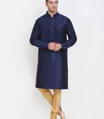 Men's raw silk navy blue kurta with gold churidar set