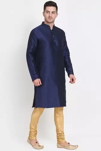 Men's raw silk navy blue kurta with gold churidar set