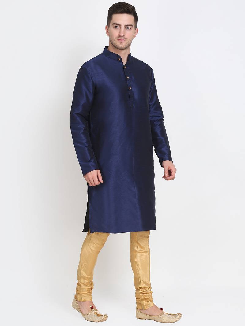 Men's raw silk navy blue kurta with gold churidar set